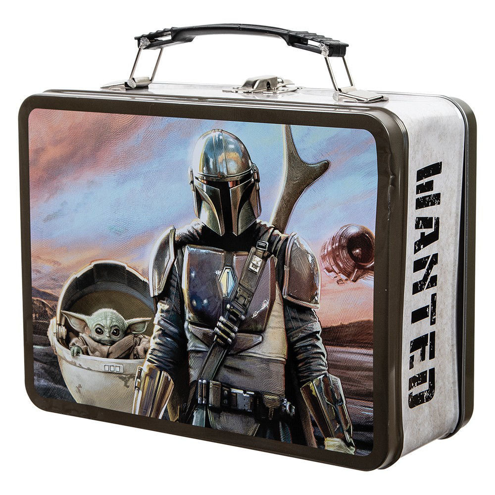 star wars the mandalorian large tin tote View of the front of the tin featuring image of Mando and Grogu .