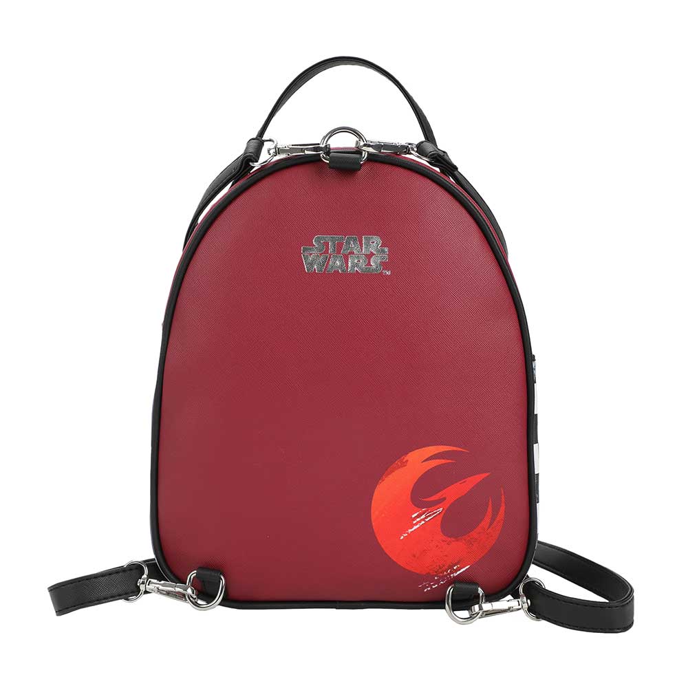 Back view of a mini backpack shaped like Sabine Wren of Star Wars helmet back is red burgundy with an orange Rebel Alliance logo, Straps are black.