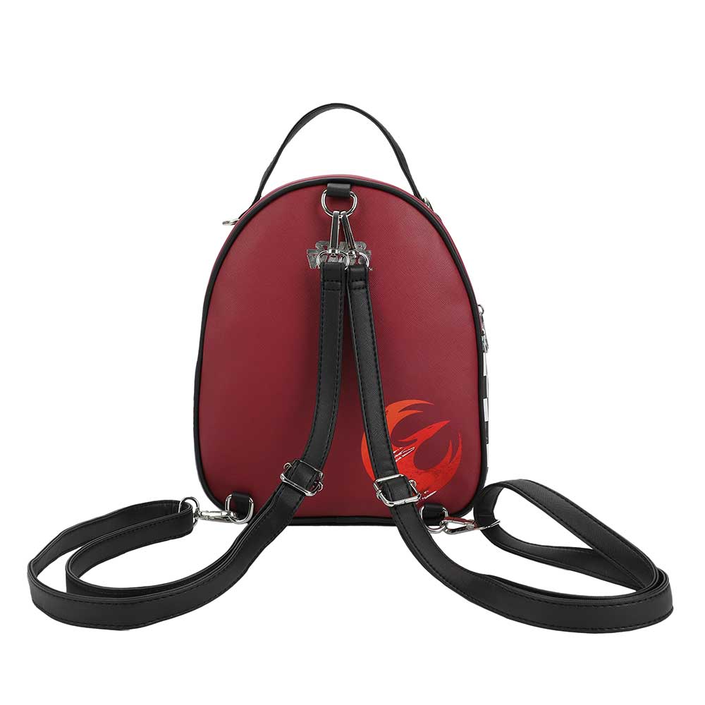 Back view of a mini backpack shaped like Sabine Wren of Star Wars helmet back is red burgundy with an orange Rebel Alliance logo, Straps are black.