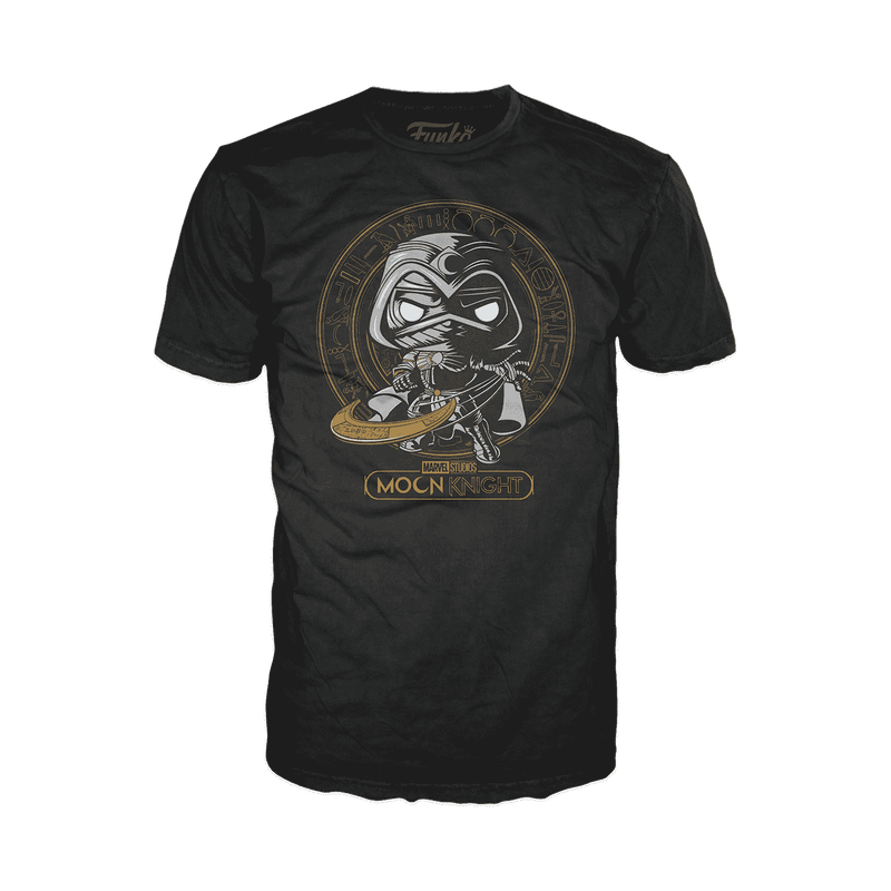 Funko Black tee with a Chibi style of Moon knight in an action pose with moon blade in hand
