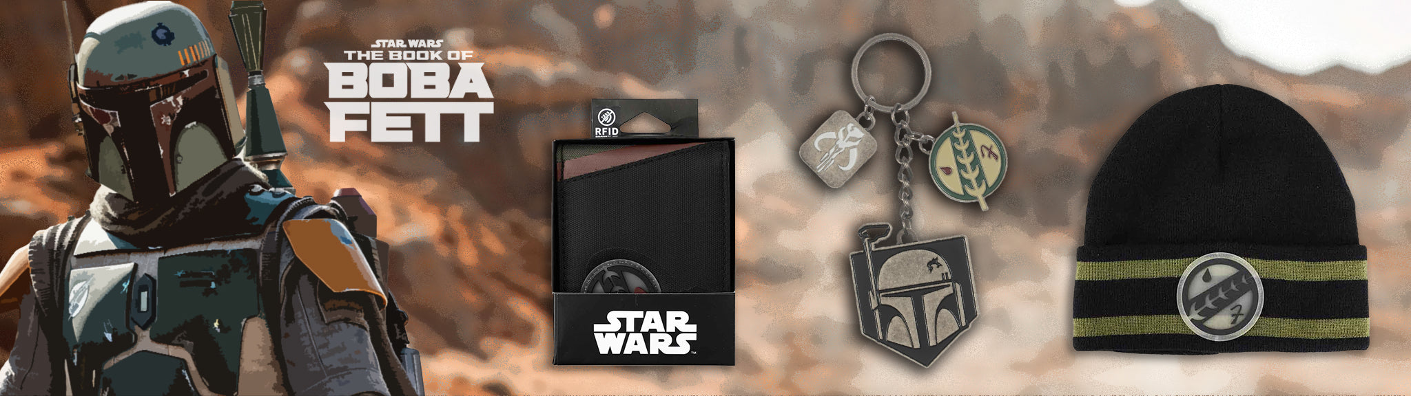 Close up of Boba Fett and the following accessories,a wallet with the Boba Fett patch, Boba Fett Sigil keychain, Beanie with striped cuff and Boba Fett Sigil Patch