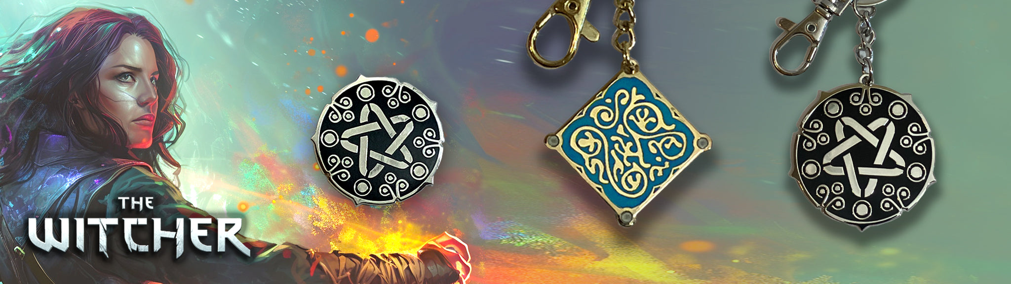 a The Witcher banner with Yennefer casting a spell and images of Yens symbol pin, symbol keychain and Triss's necklace penandt keychain