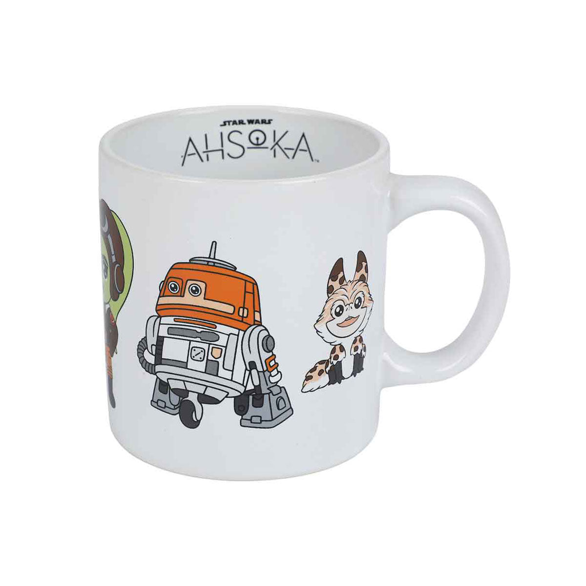 view 1 Star Wars Ahsoka Tano Ceramic Mug - High-resolution image displaying a 16 oz ceramic mug featuring the beloved Star Wars character Ahsoka Tano, known for her distinctive blue and white facial markings and dual lightsabers