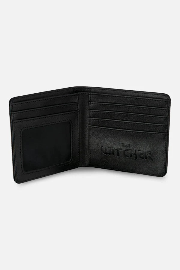 Inside view of Witcher 3 Wild Hunt Bi-fold Balck wallet with 3D metallic Wolf logo